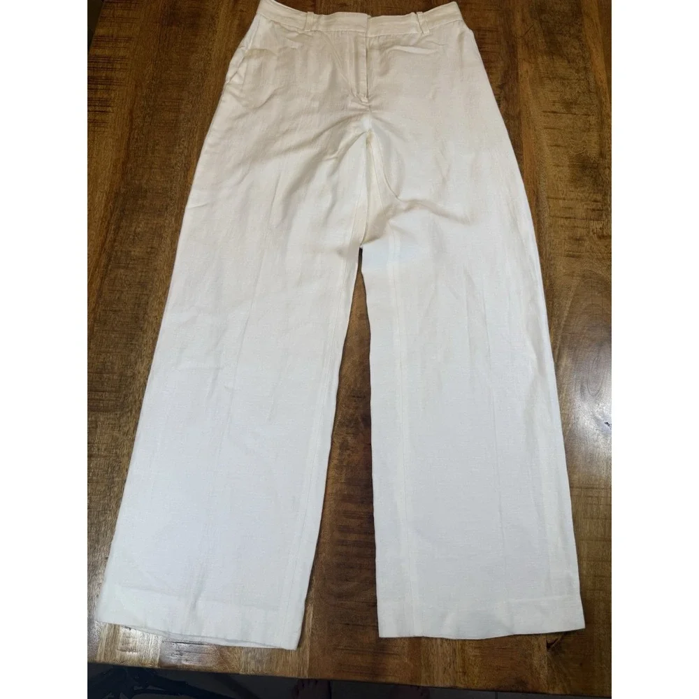 Aritzia Babaton Agency Linen Pants Womens 4 White High Rise Straight Leg
